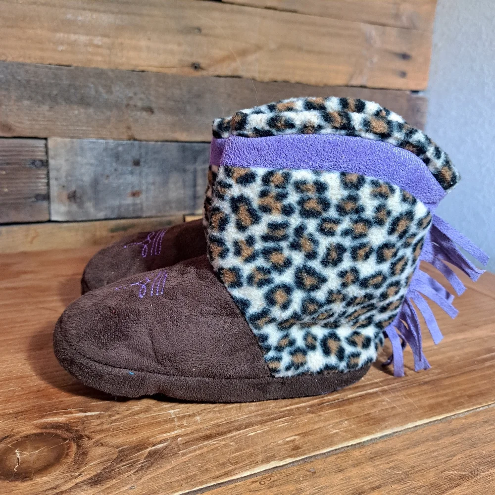 (KIDGETS) BROWN FOOTWEAR COWGIRL BOOTIE CHEETAH‎ SLIPPERS SIZE L (9/10)